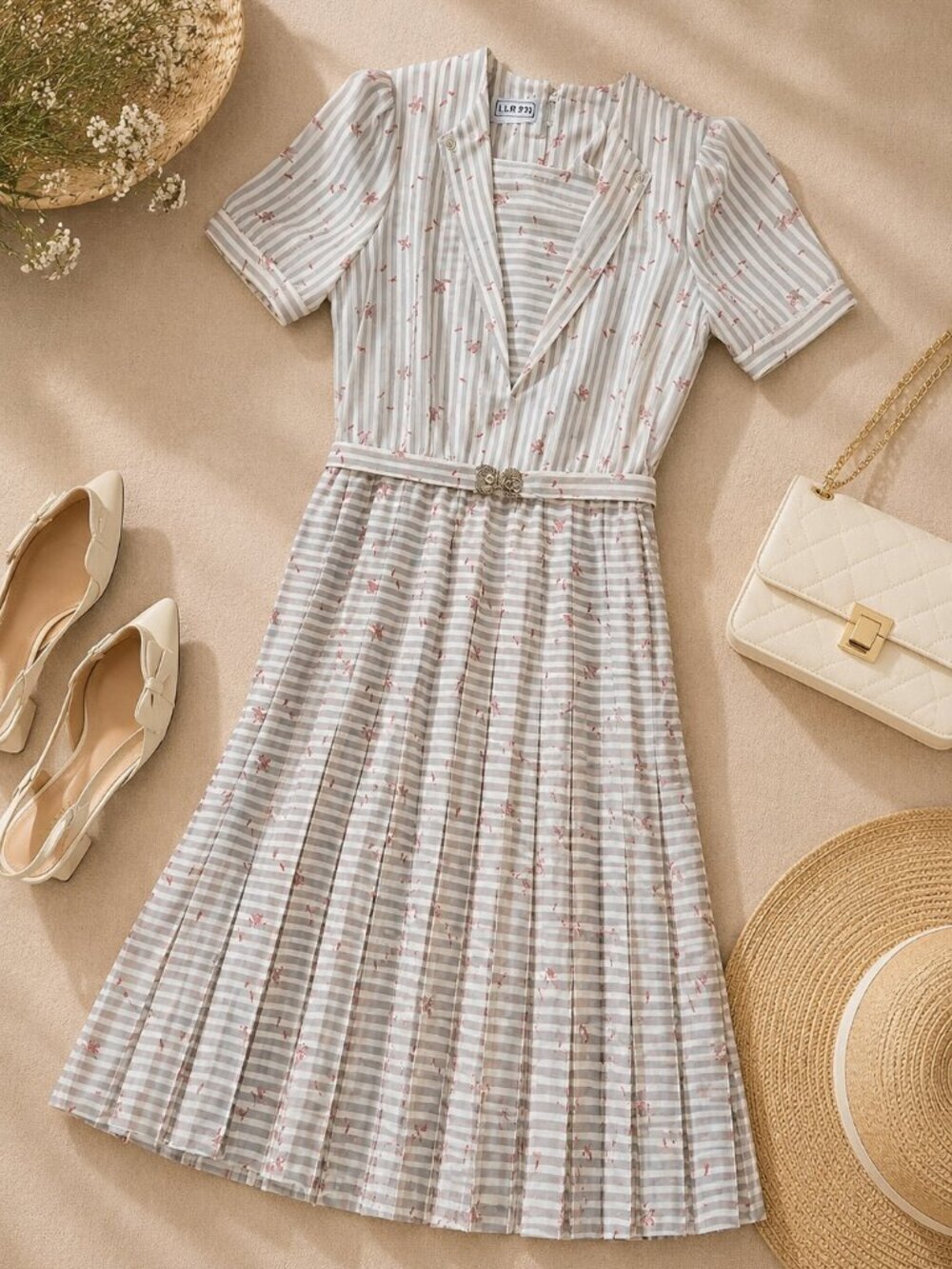 Vintage Eileen Striped Floral Pleated Dress Size 7